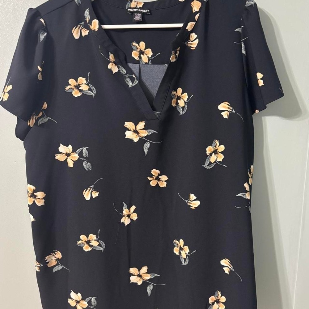 Hilary Radley black blouse with beige floral print, size XL